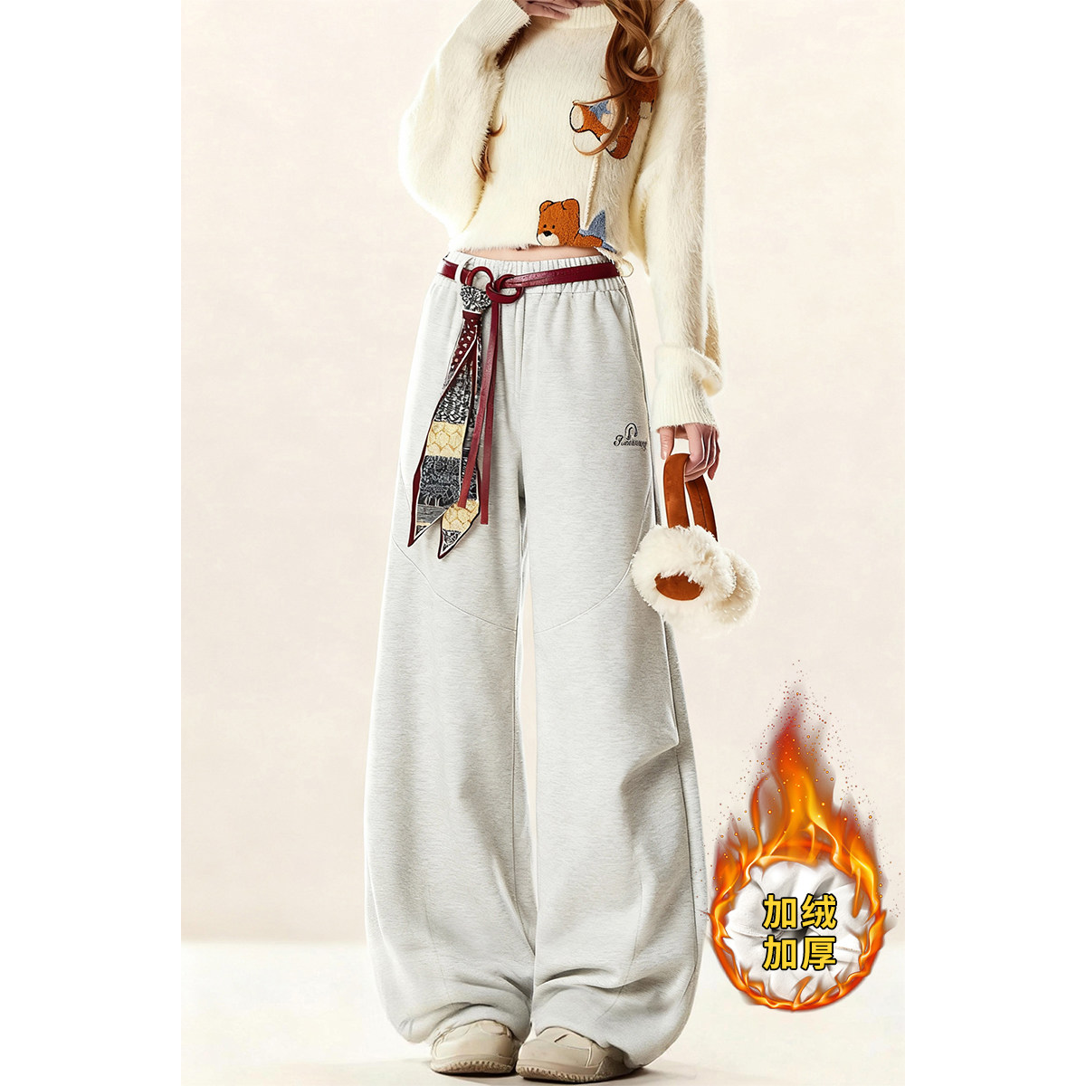 自然涩美式高街腰带丝巾运动卫裤女秋冬季灰色宽松加绒阔腿裤子厚,女装/女士精品,卫裤,淘宝优惠券,粉丝福利购,淘宝优惠卷