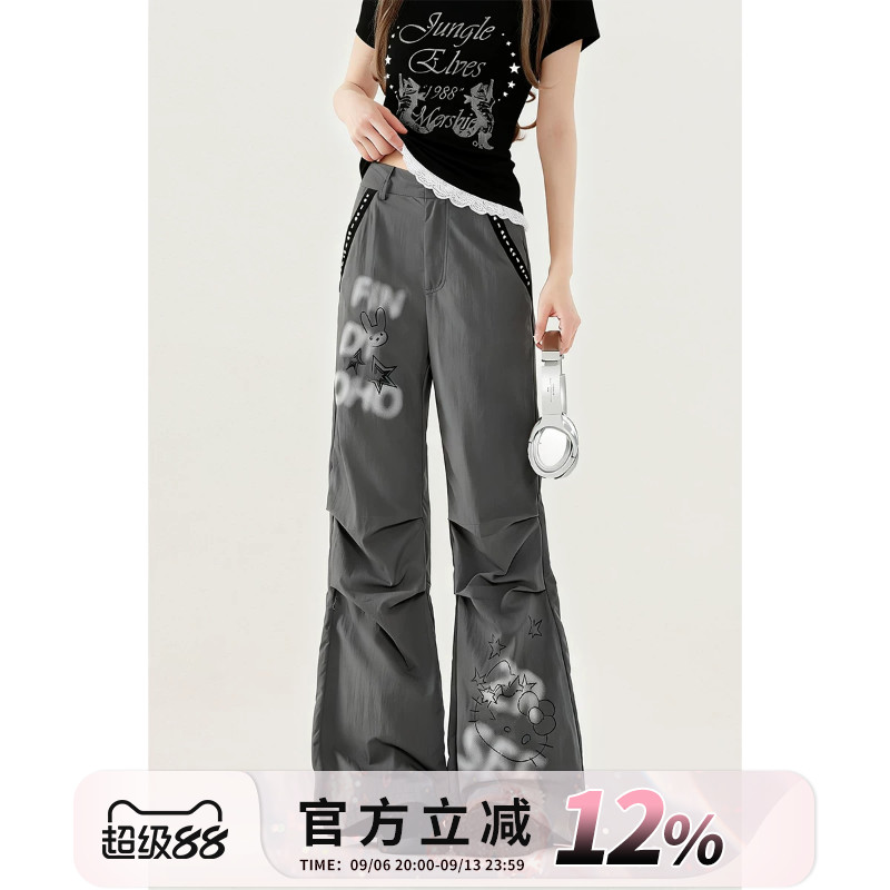 自然涩折痕设计感阔腿休闲裤女士夏季新款灰色修身字母印花裤子秋
