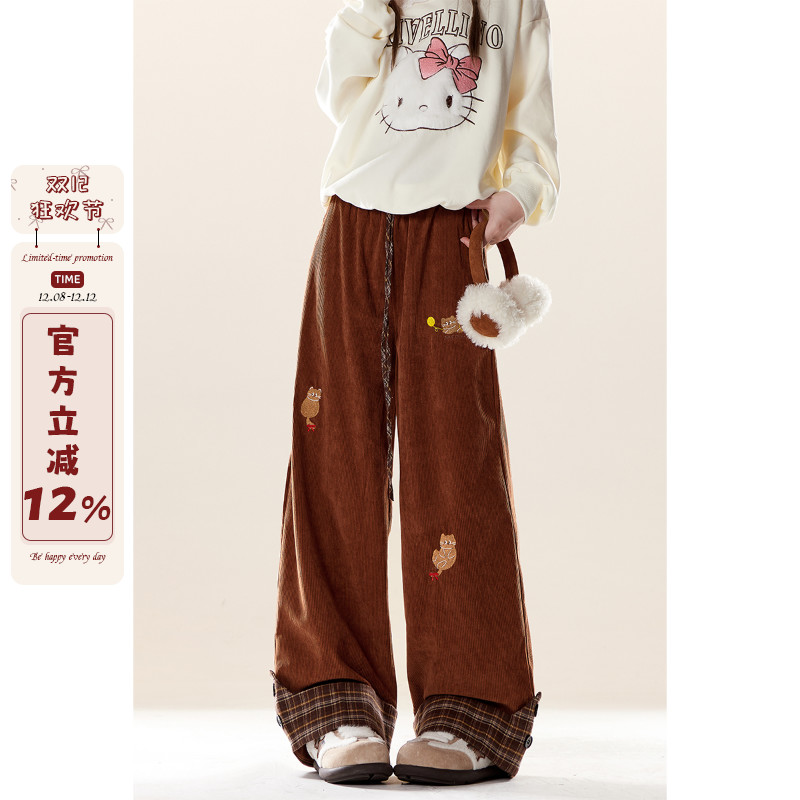 美拉德小猫刺绣灯芯绒休闲裤女秋