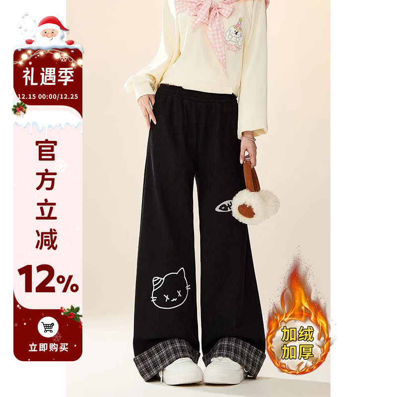 猫咪鱼骨印花加绒休闲裤女秋冬季