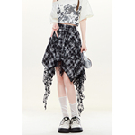 自然涩不规则黑色格子半身裙子女夏音乐节穿搭显瘦亚文化蕾丝短裙