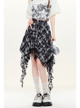 自然涩不规则黑色格子半身裙子女夏音乐节穿搭显瘦亚文化蕾丝短裙