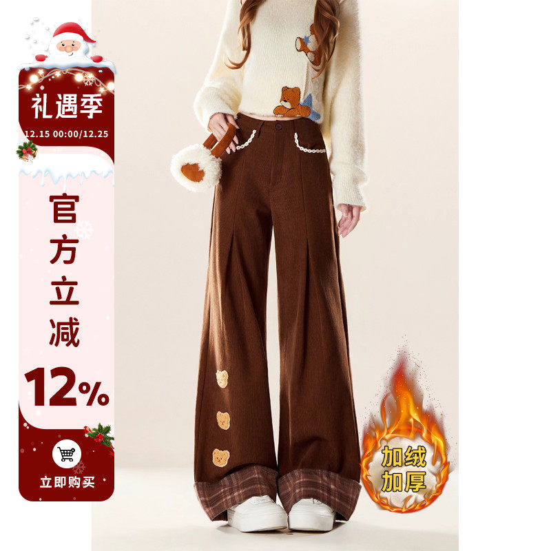 小熊刺绣棕色休闲裤女秋冬加绒
