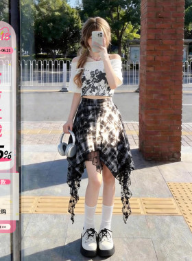 自然涩不规则黑色格子半身短裙女夏季音乐节亚文化穿搭爵士舞裙子