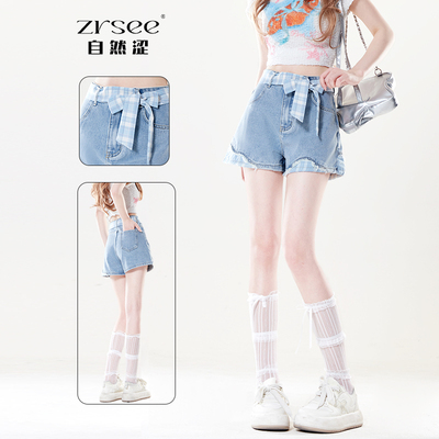 蓝白格子蝴蝶结拼接短裤女夏季