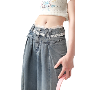 自然涩蕾丝花边牛仔裤女2026春秋新款慵懒松弛设计阔腿长裤子冬季