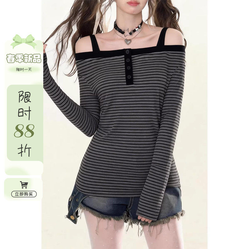自然涩美式复古露肩吊带长袖T恤女2026早春新款辣妹条纹上衣冬季,女装/女士精品,T恤,淘宝优惠券,粉丝福利购,淘宝优惠卷