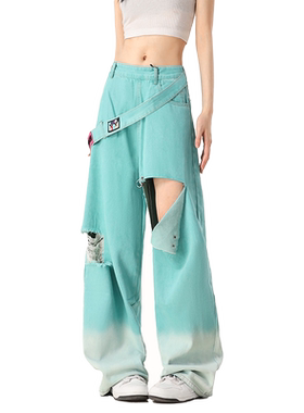 美式渐变湖蓝色破洞牛仔裤女夏