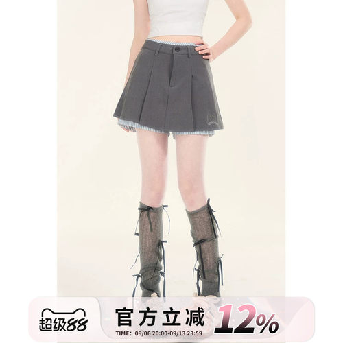 学院风灰色格纹拼接半身裙女夏季