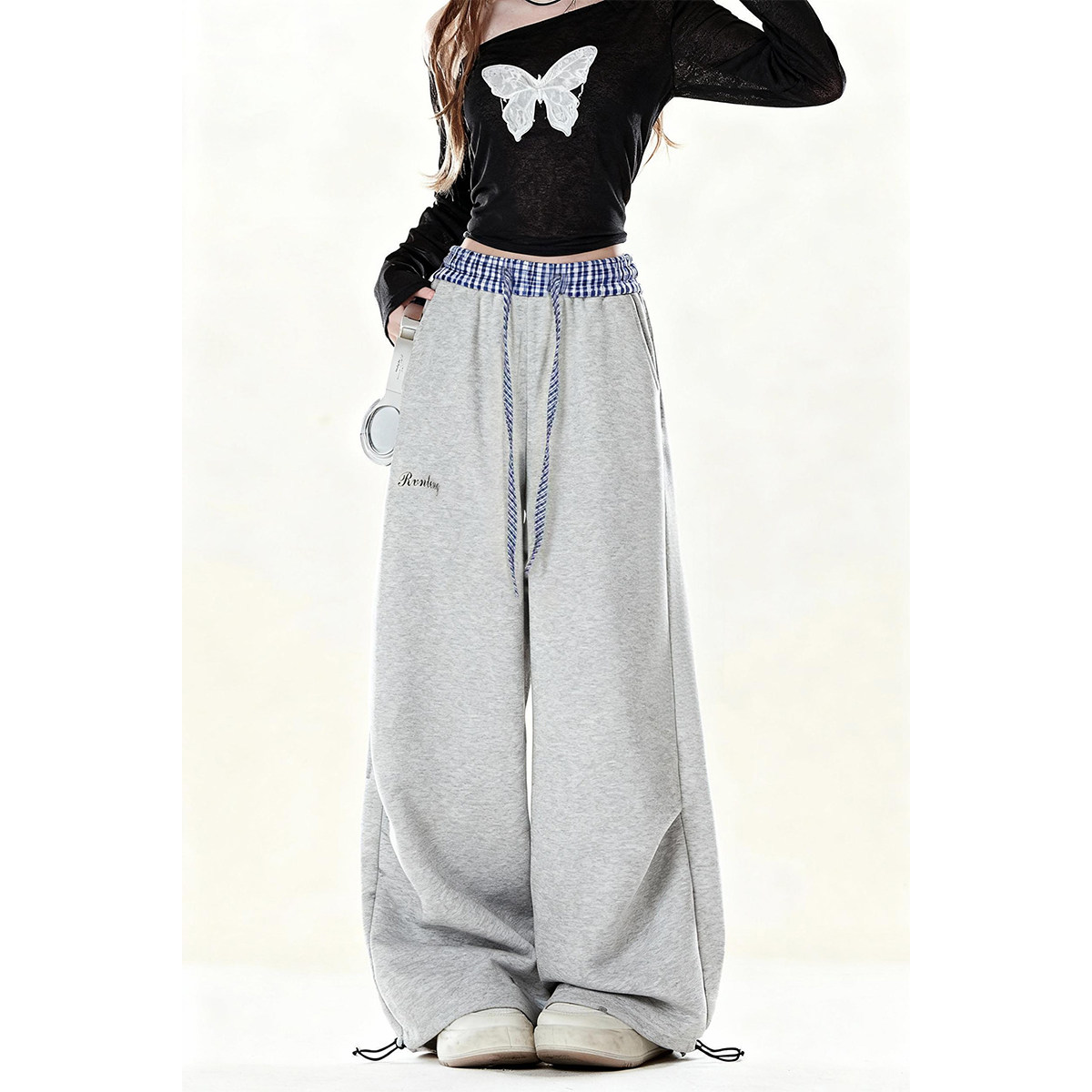 自然涩星星刺绣运动卫裤女装秋冬季格子拼接腰头宽松阔腿休闲裤子,女装/女士精品,卫裤,淘宝优惠券,粉丝福利购,淘宝优惠卷