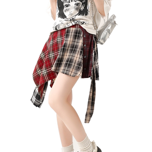 自然涩夏季不规则拼接红色格子半身短裙女春秋新款演唱会穿搭裙子