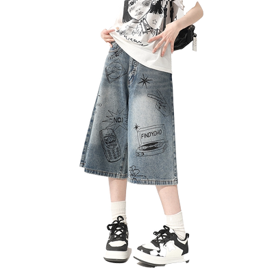 美式复古涂鸦牛仔七分裤女夏季