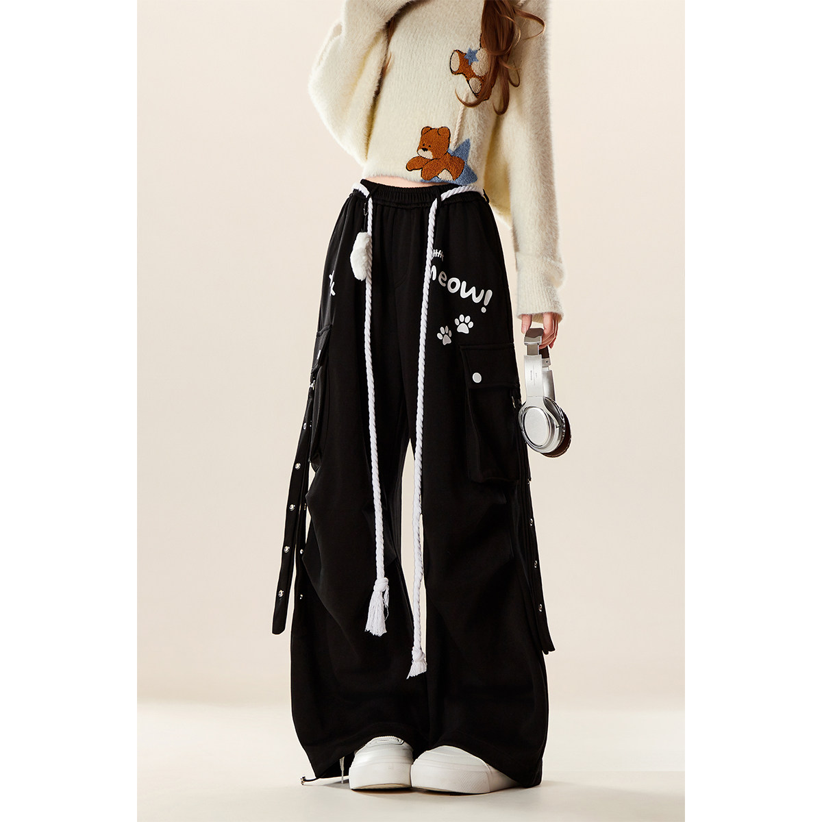 自然涩设计感jazz爵士舞阔腿裤女春秋季新款黑色束脚休闲工装裤冬