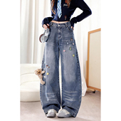 自然涩可拆卸小熊牛仔裤 子冬季 女2026早春新款 梨形遮胯显瘦弯刀裤