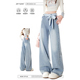阔腿裤 高腰显瘦春秋款 子 女夏季 自然涩侧拉链蓝色蝴蝶结绑带牛仔裤