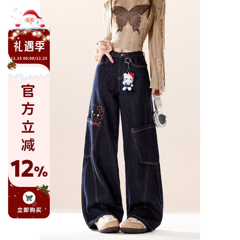 美式复古kitty猫弯刀牛仔裤女秋