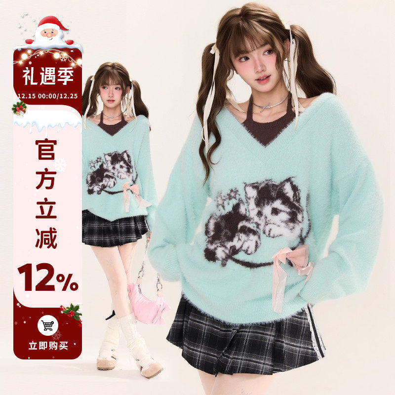 猫咪提花假两件v领毛衣女秋冬季