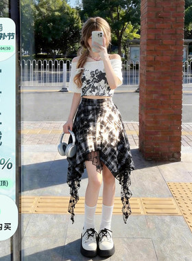 自然涩不规则黑色格子半身短裙女夏季音乐节亚文化穿搭爵士舞裙子
