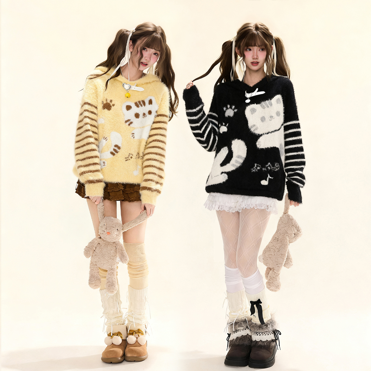 可爱猫咪条纹连帽毛衣女款秋冬季