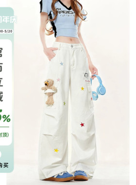 自然涩星星刺绣白色工装裤女2026夏季chic穿搭新款小熊百搭休闲裤