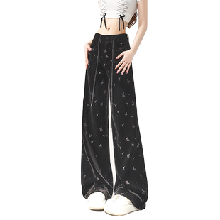 自然涩黑色蝴蝶金丝绒国风阔腿裤女秋冬季加绒高级垂感休闲裤子厚