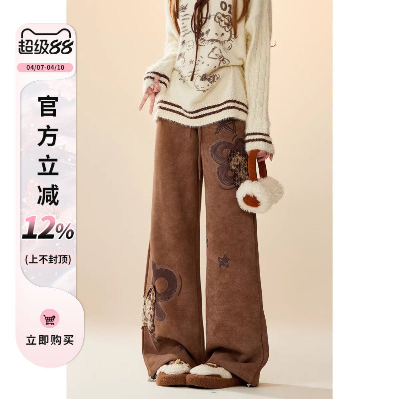 自然涩美拉德咖色运动卫裤女秋冬季新款美式复古印花贴布阔腿裤子