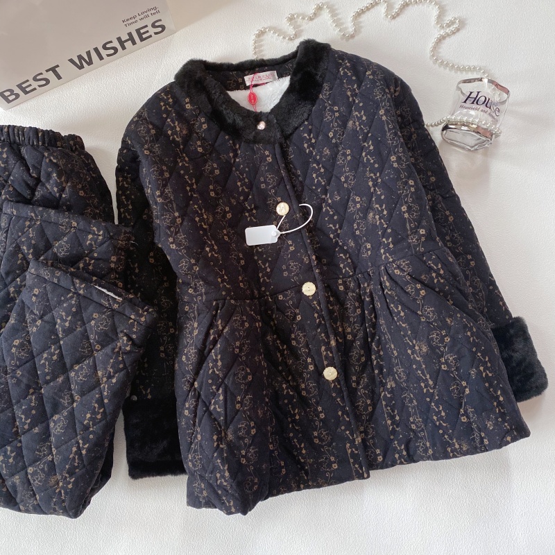 法式碎花加绒保暖睡衣套装女款