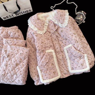 甜美娃娃领三层夹棉睡衣韩版女冬加厚保暖小清新家居服套装可外穿