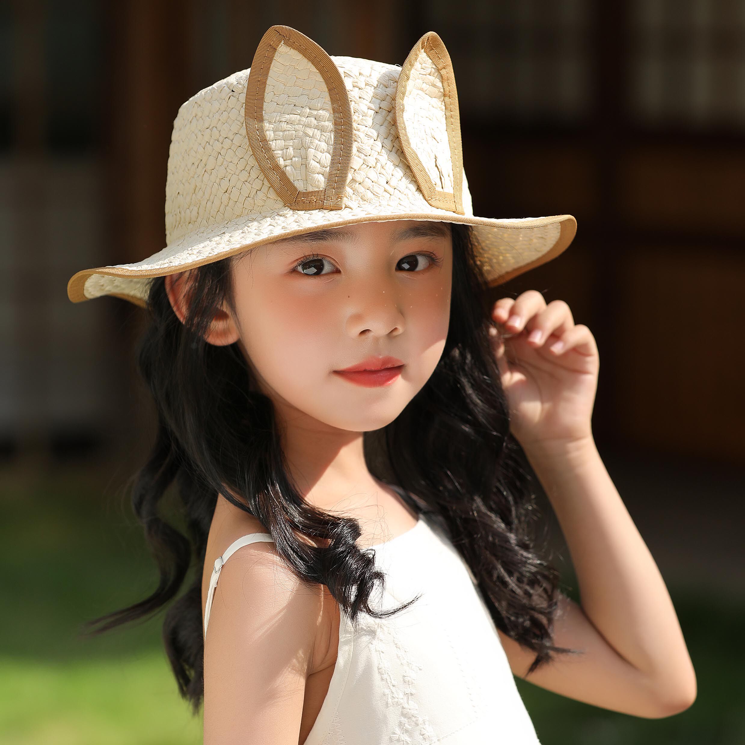 宝宝儿童草帽草编防晒帽遮阳兔耳朵大檐沙滩男童女童夏季ins