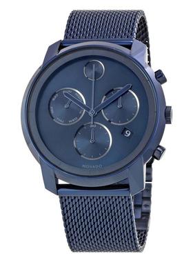 代购Movado摩凡陀男士腕表计时日期夜光多时区金属钢带蓝面防水