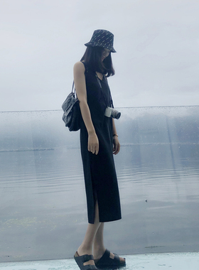 NEMO大美【定制】V领开衩黑色打底外穿小黑裙性感吊带中长连衣裙