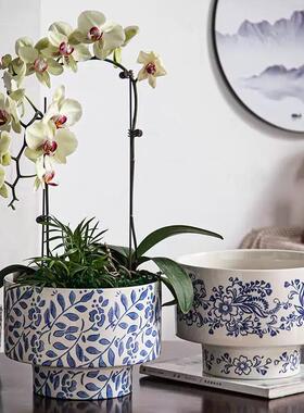 青花瓷冬青陶瓷花盆大口径精致新中式室内装饰高脚复古瓷器绿植