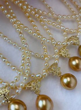 3.5-4mm天然akoya baby金色米粒巴洛克 10-11mm浓金椭圆金珠项链