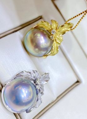 日本工磨砂马13-14mm极光炫彩马贝珍珠钻石5分星空灰金焦色证书