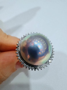 日本制奄美岛海水马贝珍珠戒指银蓝色蓝灰色镜面炫彩极光绿光满镶