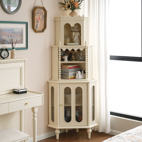 法式靠墙一体客厅奶白实木收纳柜