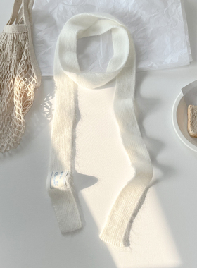 韩系含兔毛针织毛线白色围巾女生秋冬搭配飘带细窄小长条百搭围脖