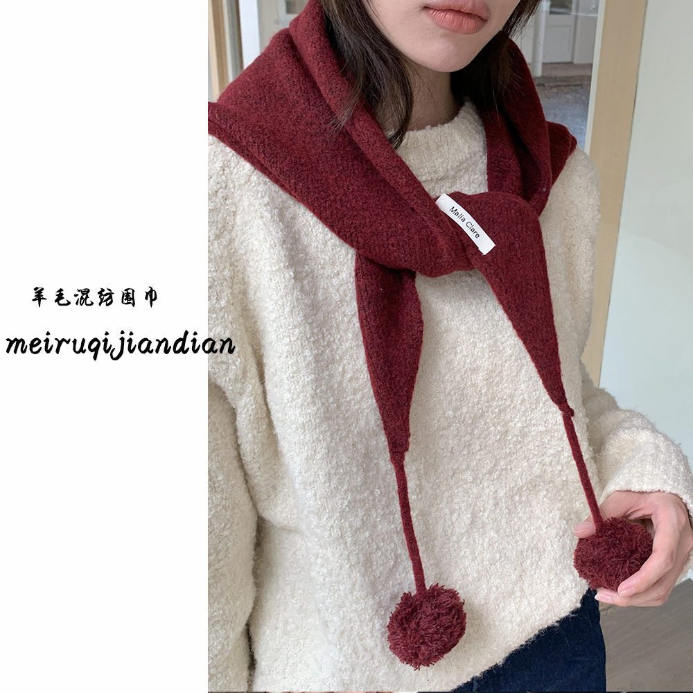 2025新款秋冬高级感帽子围巾红色针织小披肩女保暖球球围脖三角巾