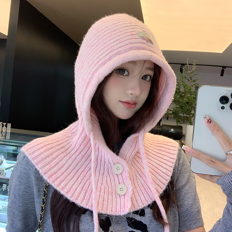 粉色帽子女围脖帽子一体冬款保暖