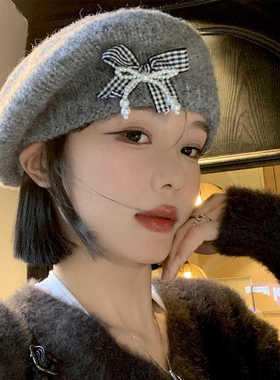 无印MUJ韩版甜美帽子女蝴蝶结贝雷帽秋冬保暖针织帽大头围休闲百