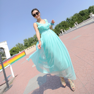 微瑕疵特卖夏季 低领大圆领高腰连衣裙长裙海南三亚度假海边沙滩裙