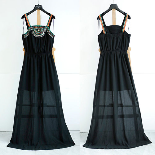 欧美精品工艺刺绣雪纺吊带连衣裙超长裙高个子泰国普吉岛海边度假