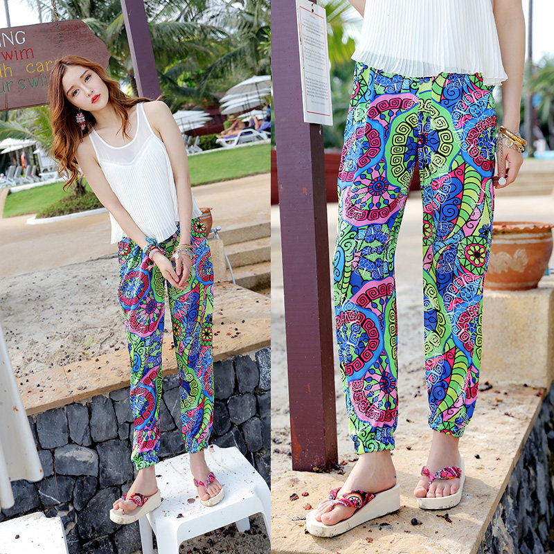 特价夏仿真丝缎高档松紧腰休闲裤鲜艳花色女裤长裤沙滩裤遛弯收腿