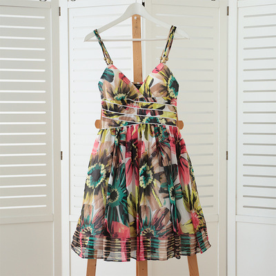 外贸原单夏季雪纺有胸垫露肩吊带连衣裙短裙印花云南贵州旅游度假