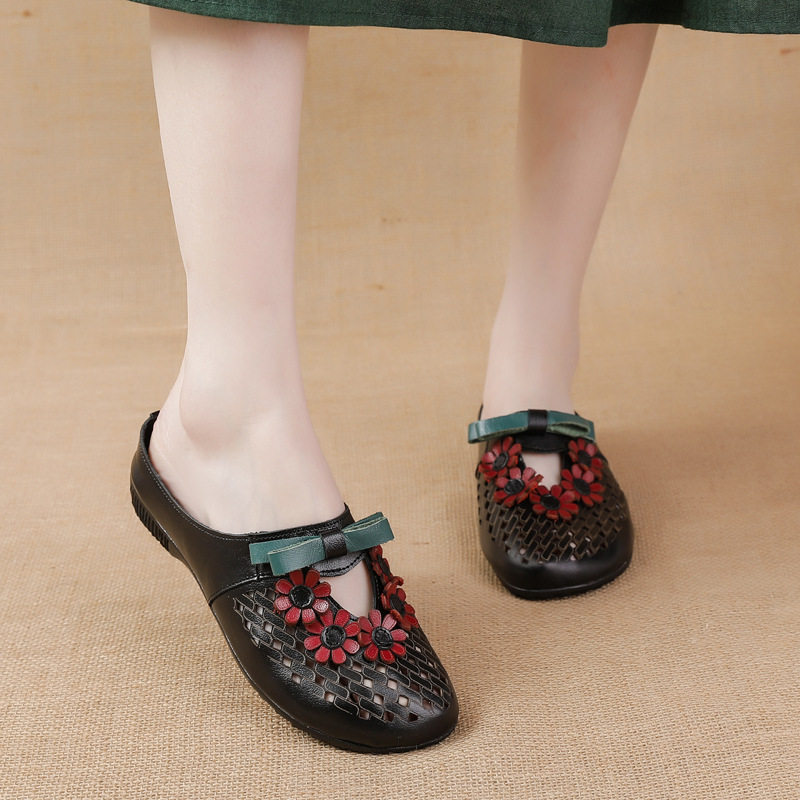 夏季新款复古民族风女鞋真皮镂空透气平底拖鞋包头中老年妈妈凉鞋,女鞋,包头拖,淘宝优惠券,粉丝福利购,淘宝优惠卷
