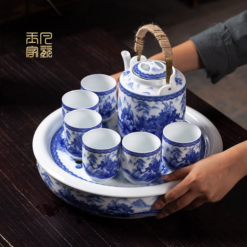 青花瓷茶具套装家用景德镇陶瓷中式喝茶功夫茶杯提梁茶壶茶盘套装