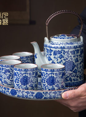 青花瓷功夫茶具套装家用景德镇陶瓷茶壶老陶泥大号提梁壶茶杯整套