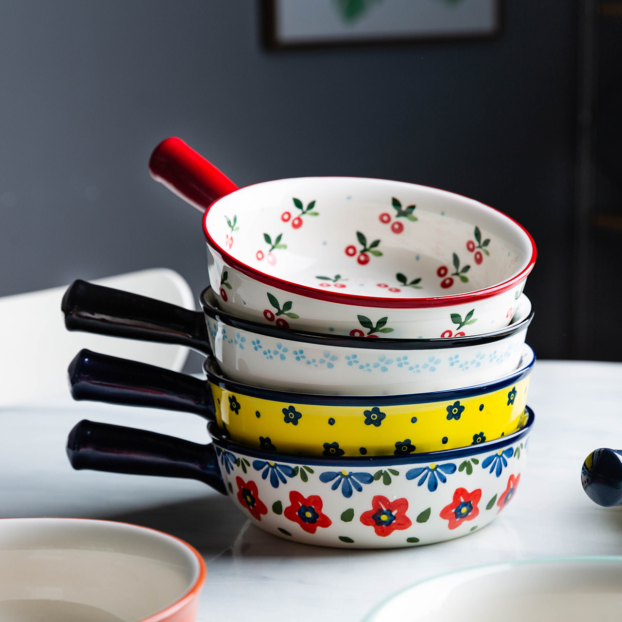 Modern housewife's original hand-painted oven with cheese and rice bowl