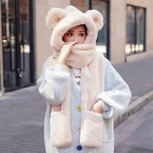 新熊猫耳朵加厚帽子女士秋冬季毛绒绒围巾一体护耳保暖手套三件套