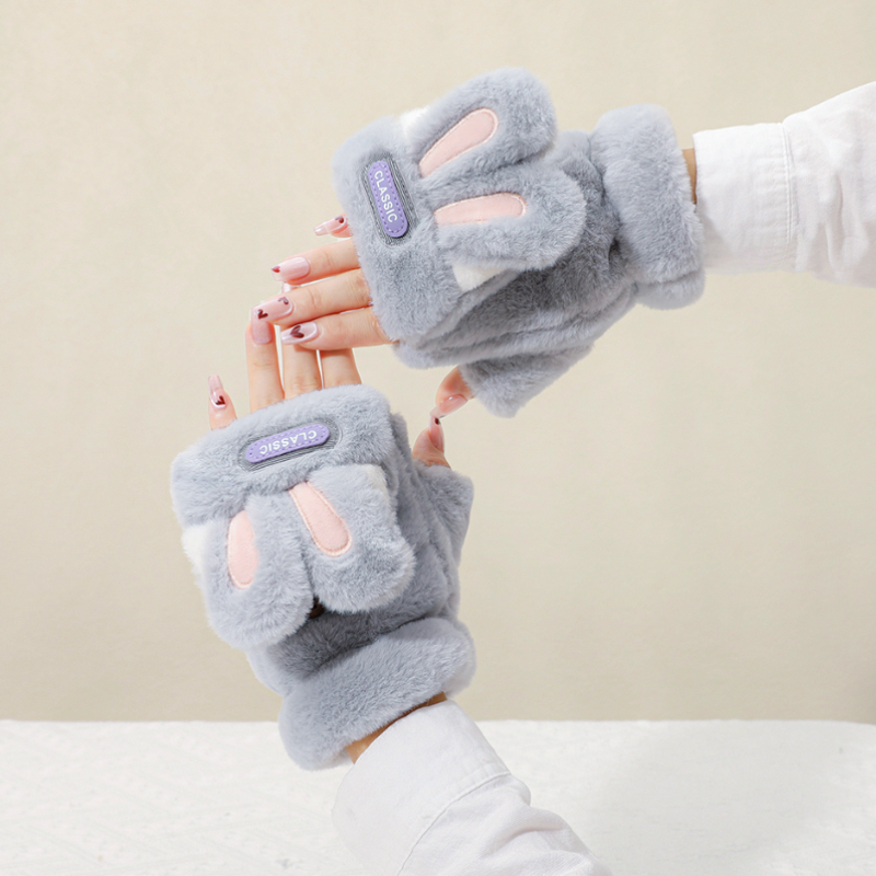 保暖男女毛绒手套仿兔毛翻盖半指